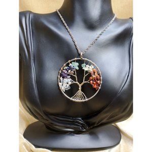 vintage silver tone multi-stone multi-color tree of life necklace